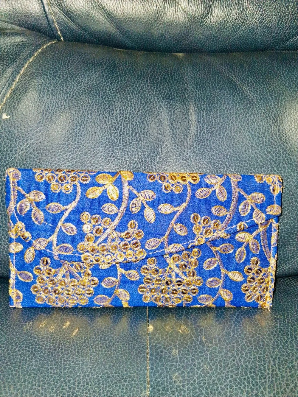 Embroidered Royal Blue Evening Clutch with Gold Floral Accents